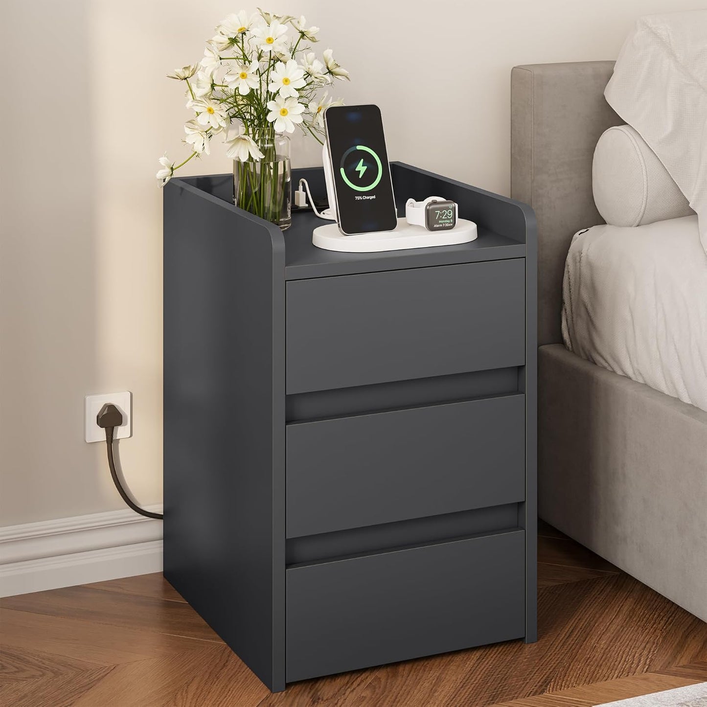 Modern Bedside Table with USB Charging Station & Drawer Storage