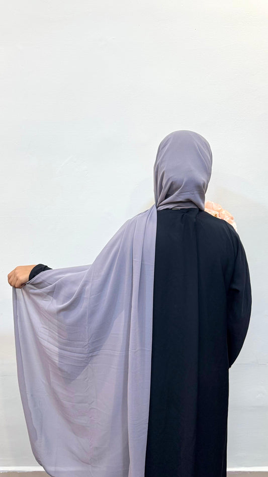 Hijab in a soft smoke grey shade, offering a subtle and sophisticated look.