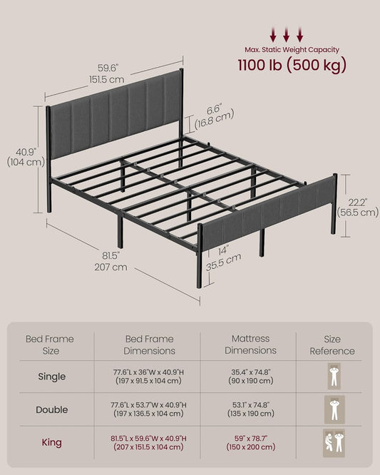 Luxury Modern Upholstered Metal Bed Frame with Headboard – Silent Strong Support Single Double King