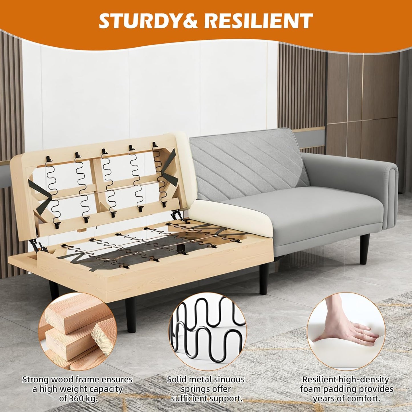 Luxury Modern 3 Seater Velvet Sofa Bed with Adjustable Back & Thick Cushions 