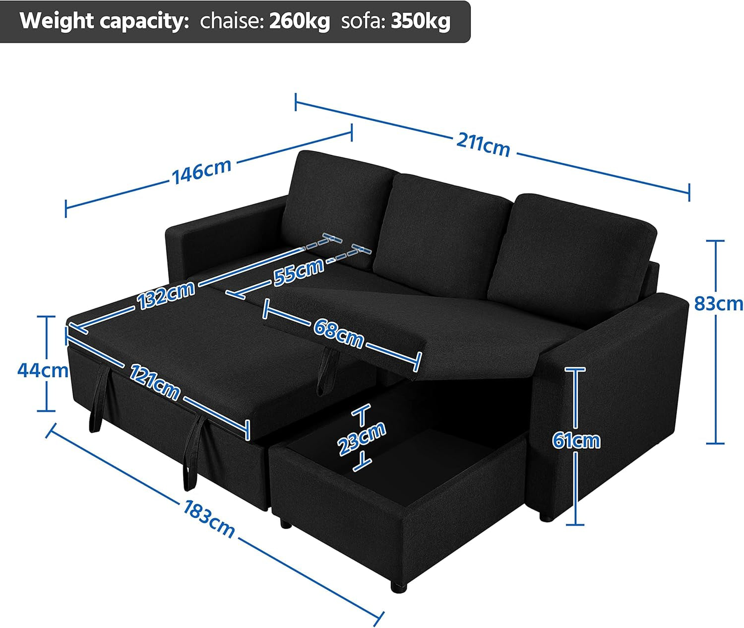 Luxury Corner Sofa Bed with Reversible Chaise & Hidden Storage