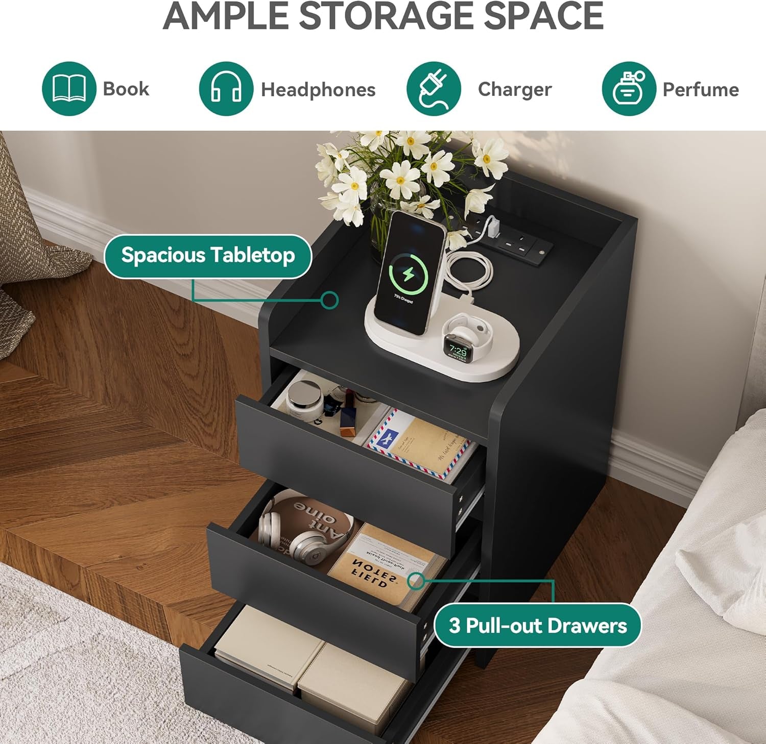 Modern Bedside Table with USB Charging Station & Drawer Storage