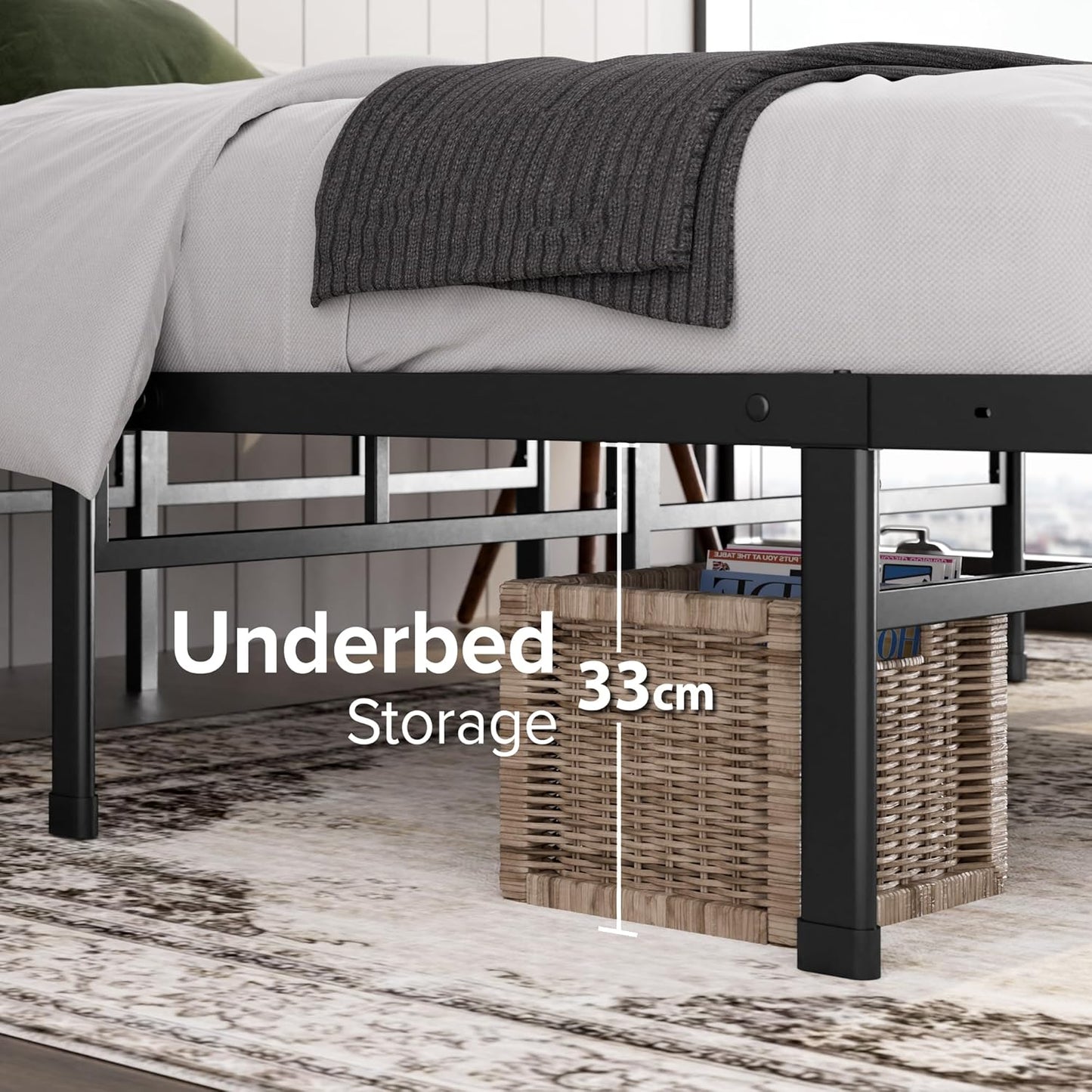 Heavy Duty Metal Platform Bed Frame – No Headboard, Storage Space Single Double King Super King