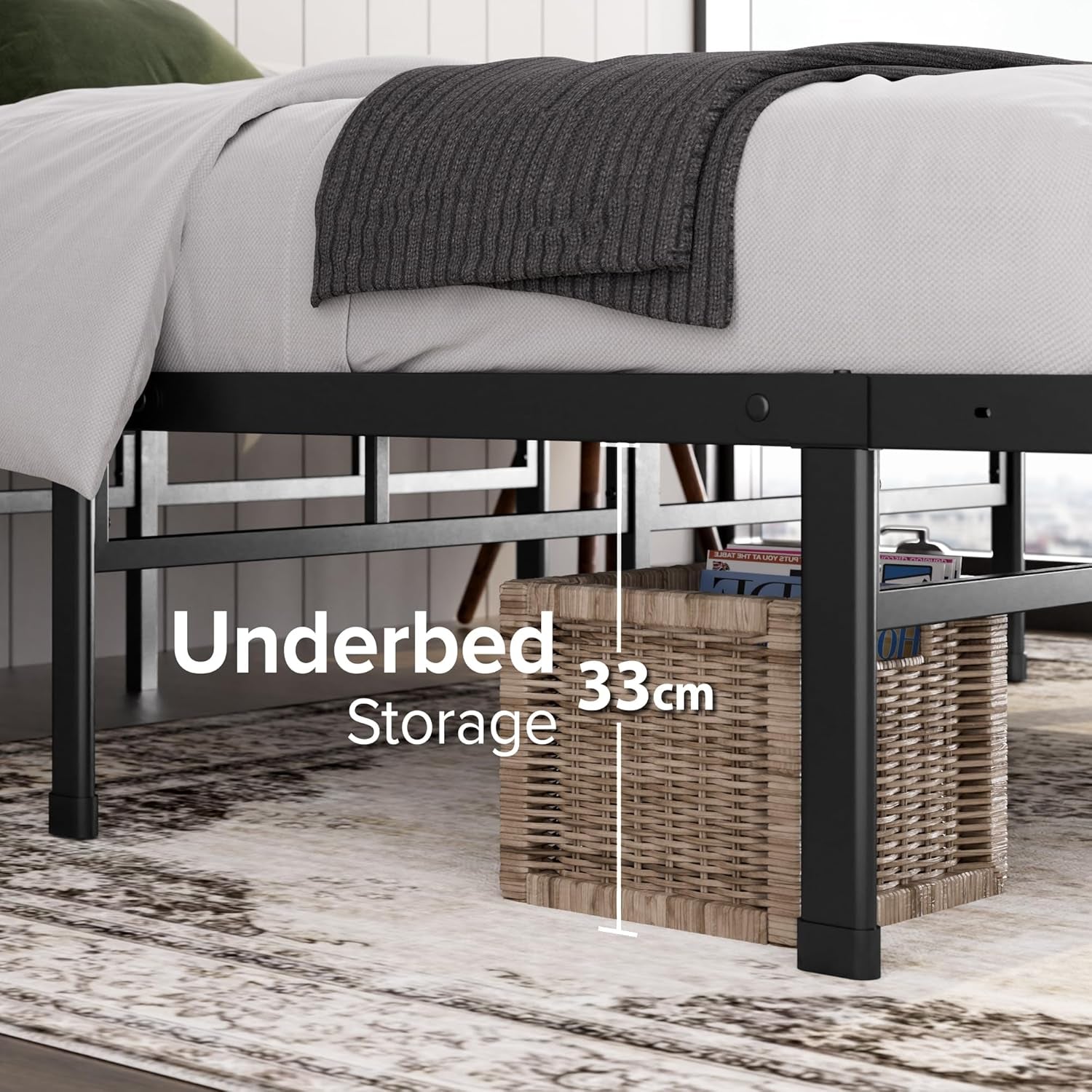 Heavy Duty Metal Platform Bed Frame – No Headboard, Storage Space Single Double King Super King