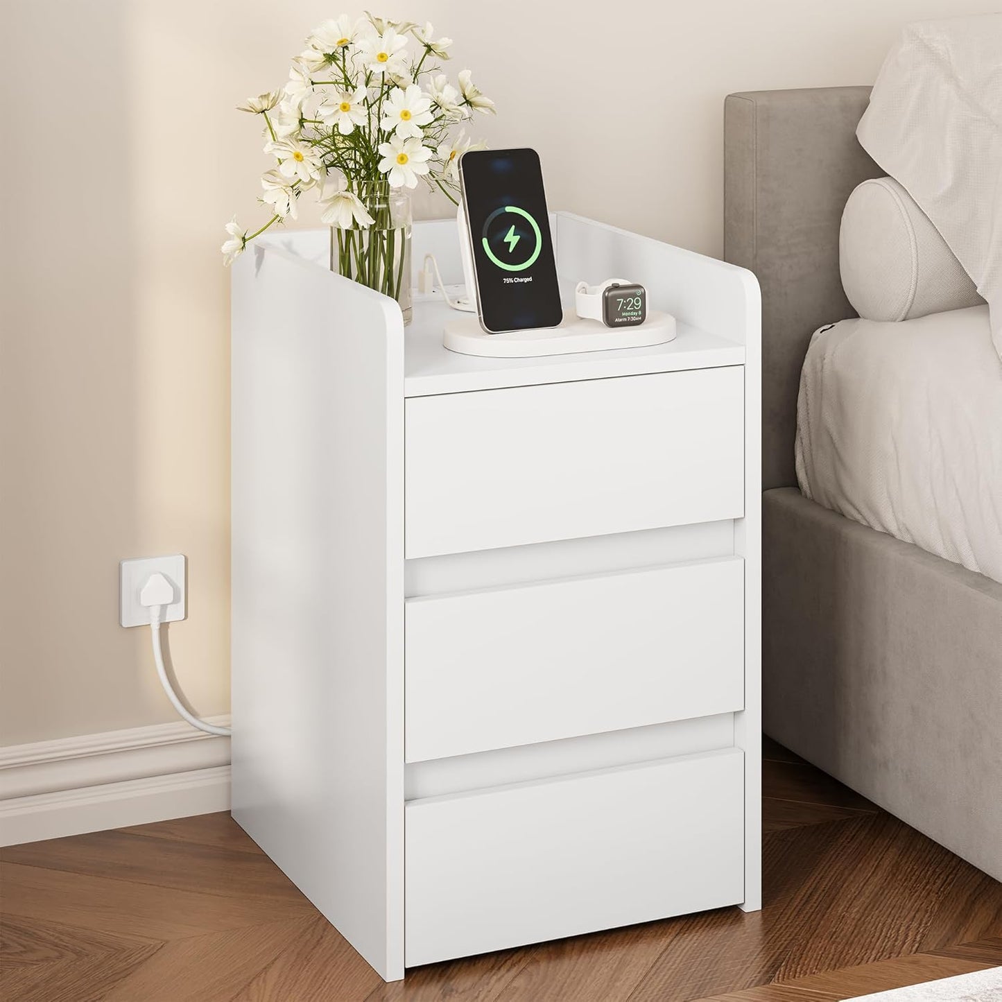 Modern Bedside Table with USB Charging Station & Drawer Storage