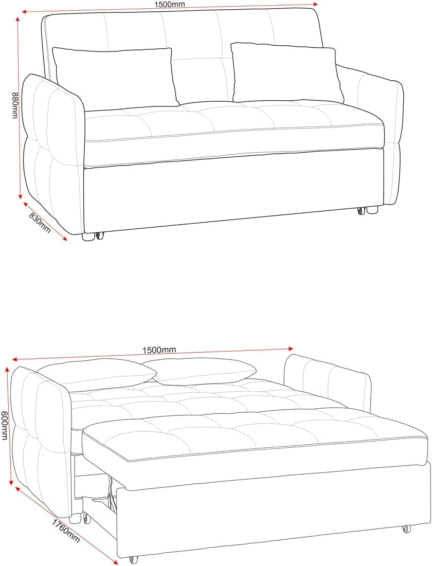 Luxury Modern 2 Seater Sofa Bed in Silver Grey Fabric