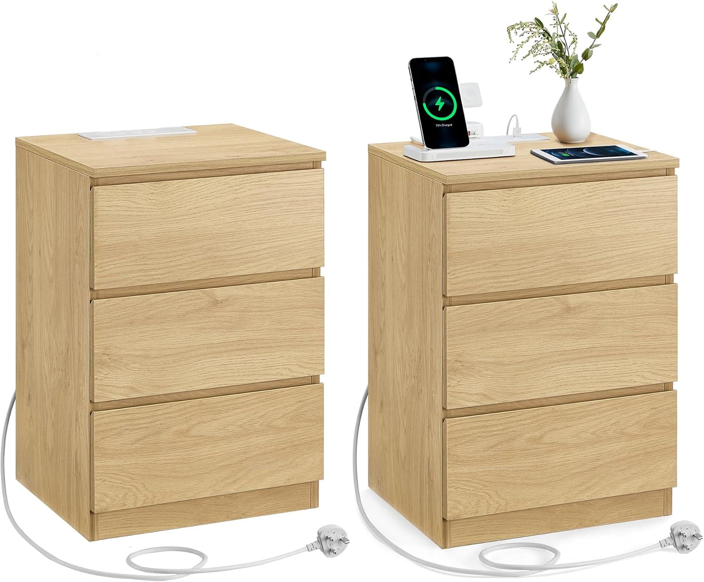 Modern Bedside Table with USB Charging Station & 3 Drawer Storage 