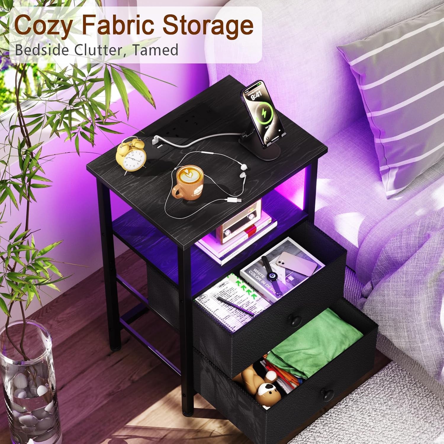Modern Bedside Table with RGB LED Lights & USB Charging Station