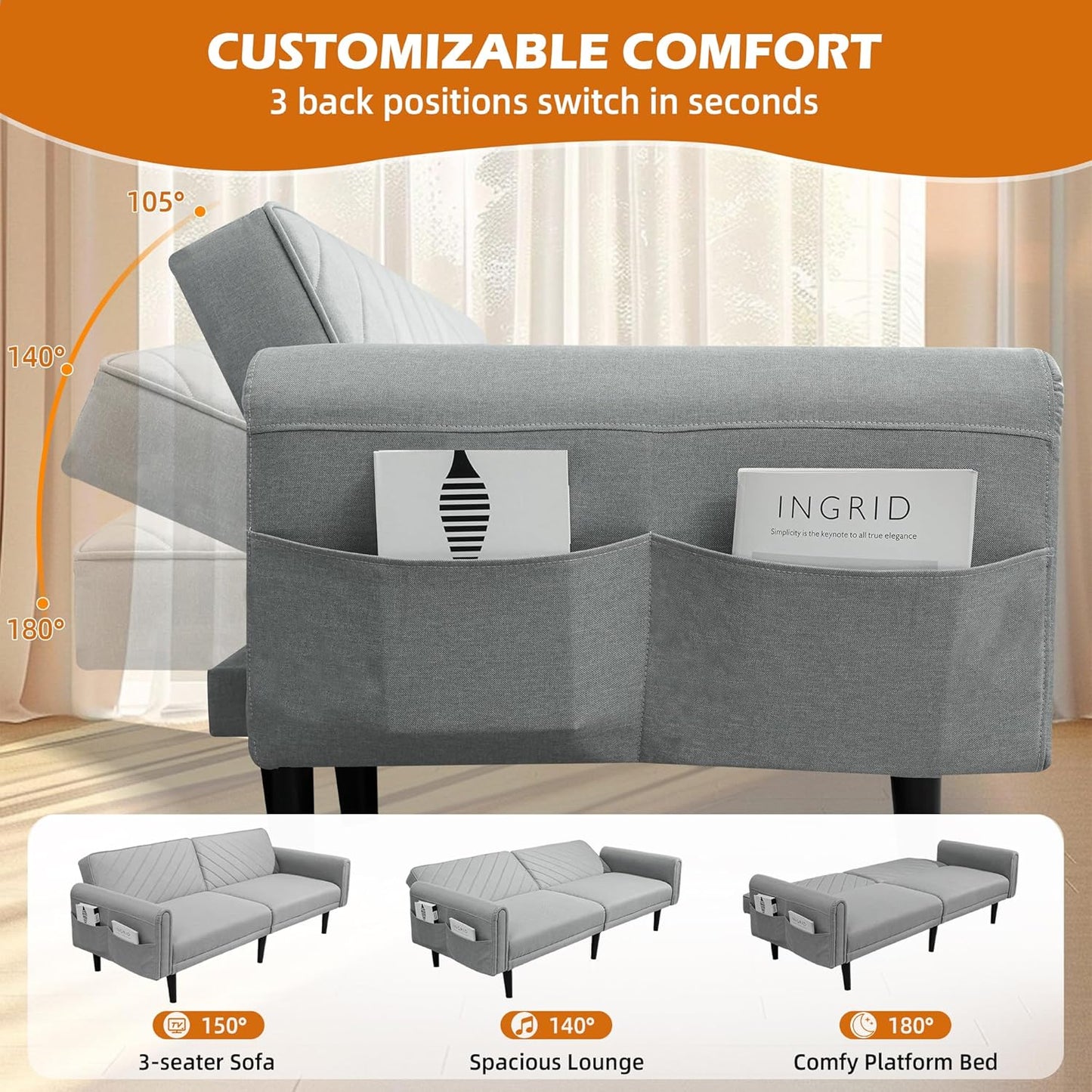 Luxury Modern 3 Seater Velvet Sofa Bed with Adjustable Back & Thick Cushions 