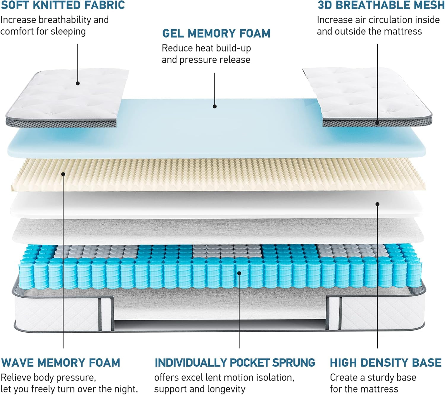 Luxury Gel Top Hybrid Mattress Pocket Springs & Memory Foam Medium Firm Single Double King Super King Mattresses