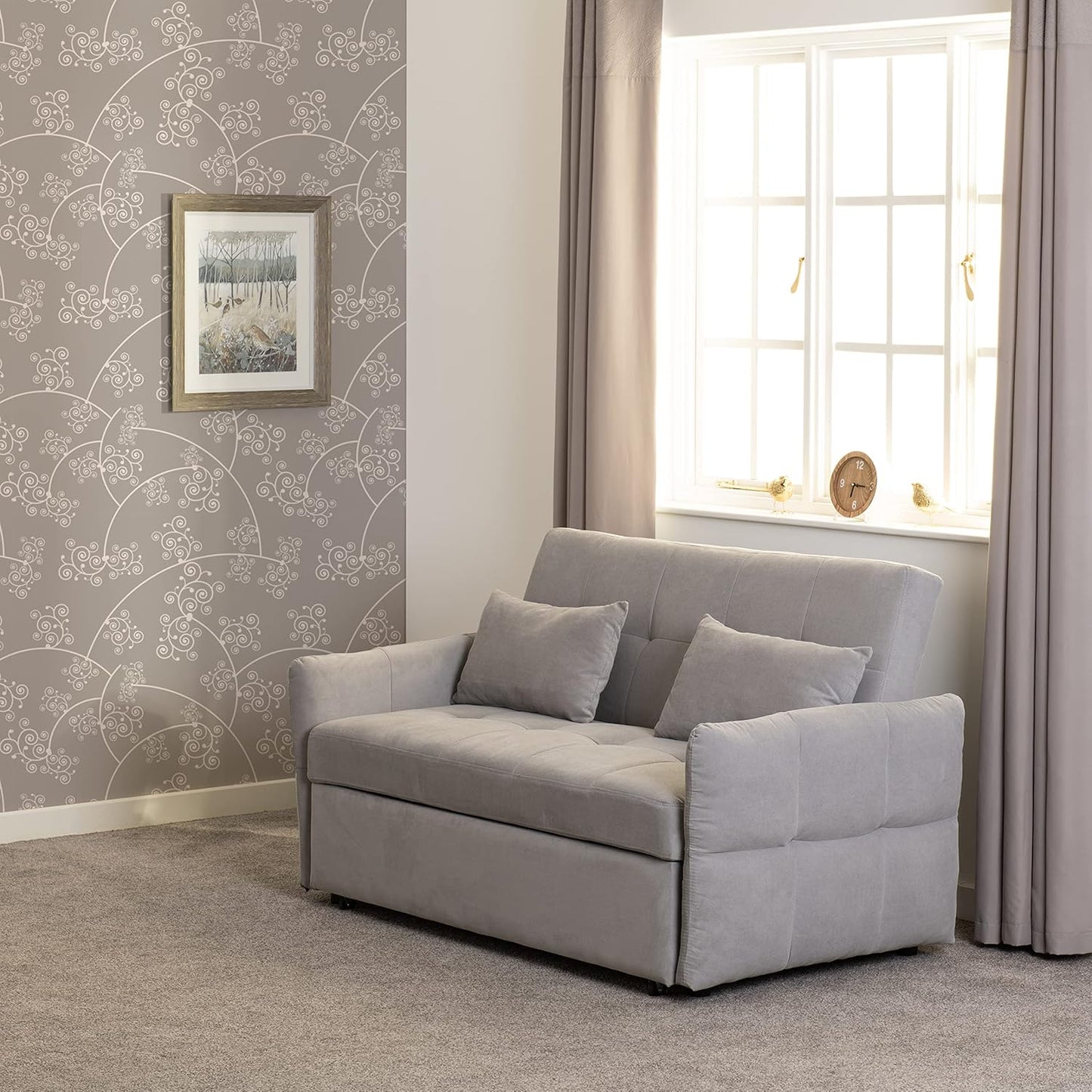 Luxury Modern 2 Seater Sofa Bed in Silver Grey Fabric