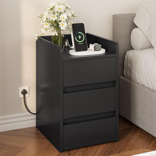 Modern Bedside Table with USB Charging Station & Drawer Storage