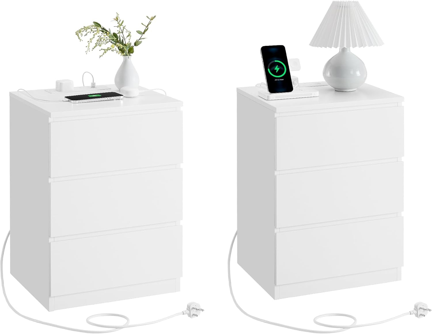 Modern Bedside Table with USB Charging Station & 3 Drawer Storage 