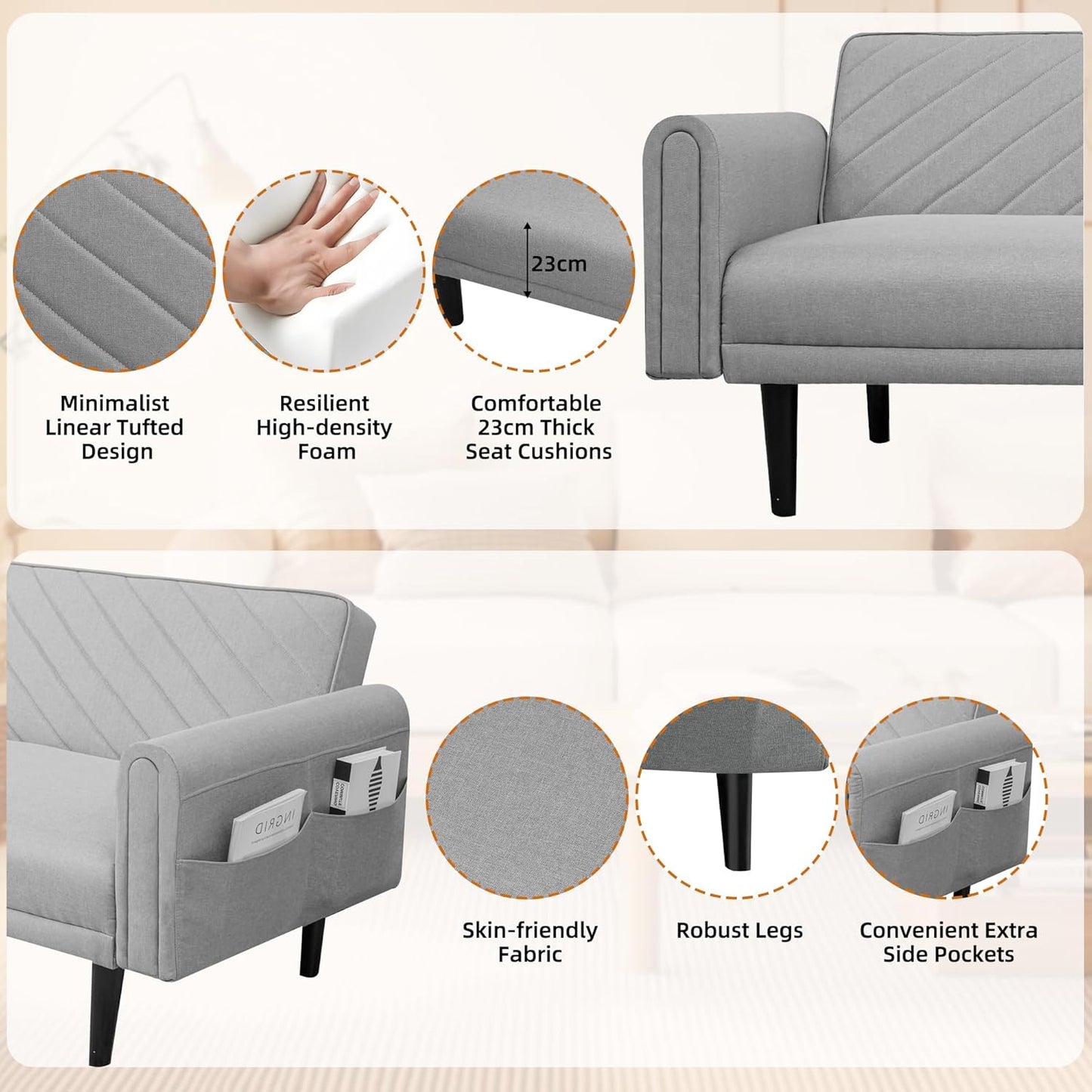 Luxury Modern 3 Seater Velvet Sofa Bed with Adjustable Back & Thick Cushions 