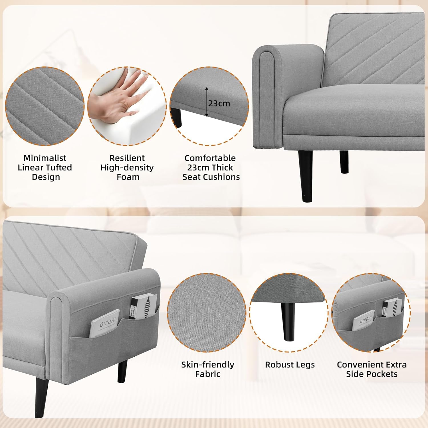 Luxury Modern 3 Seater Velvet Sofa Bed with Adjustable Back & Thick Cushions 