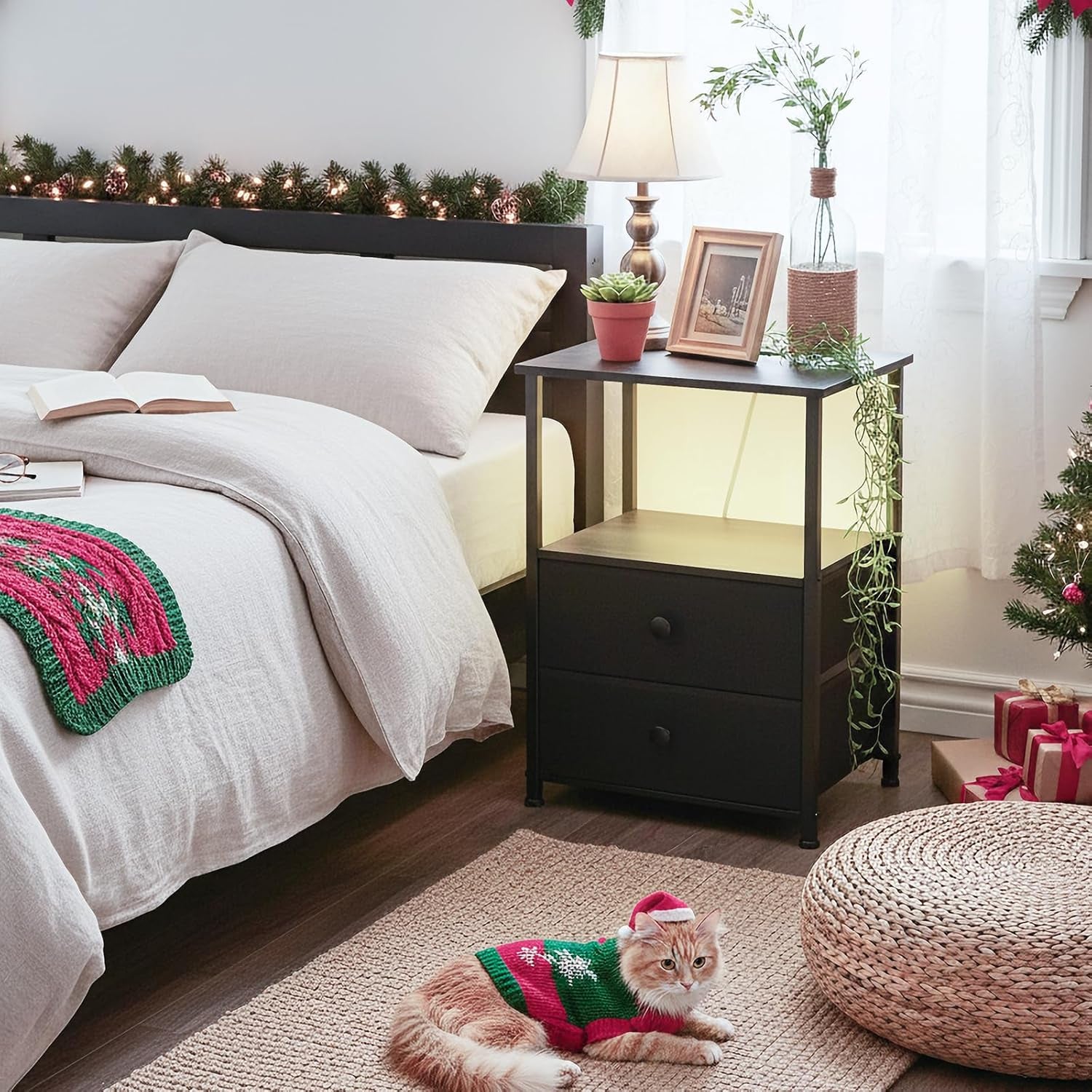 Modern Bedside Table with RGB LED Lights & USB Charging Station