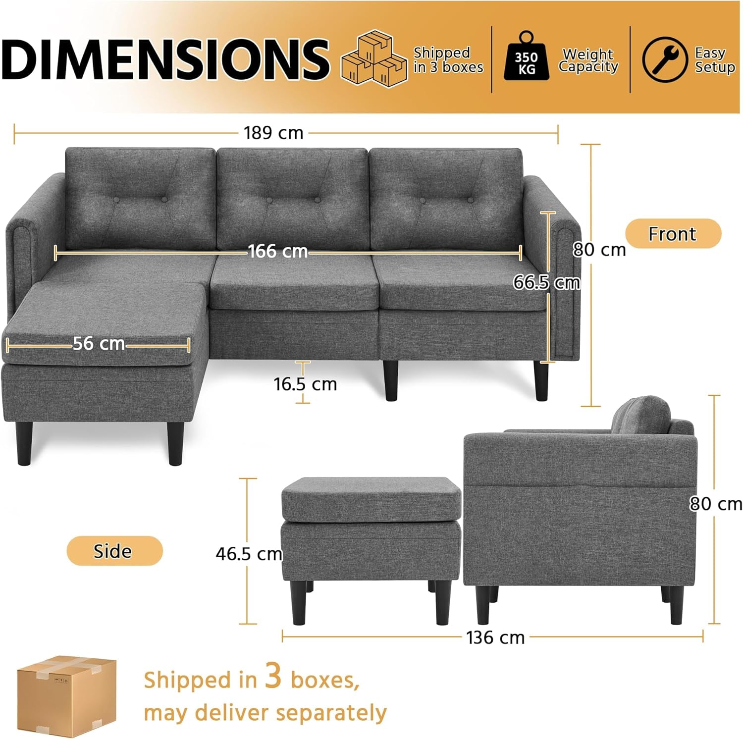Luxury 3 Seater Corner Sofa with Movable Ottoman for Compact Homes