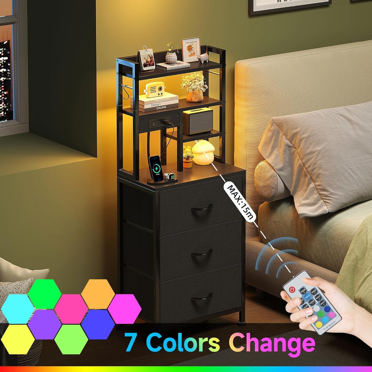 Luxury Tall Bedside Table with LED Lights, Drawers & USB Charging Station 