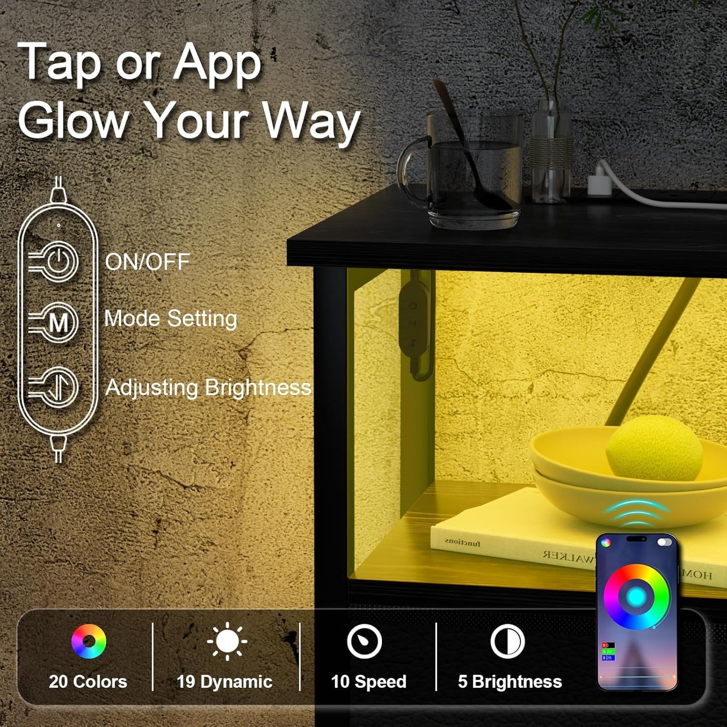 Modern Bedside Table with RGB LED Lights & USB Charging Station