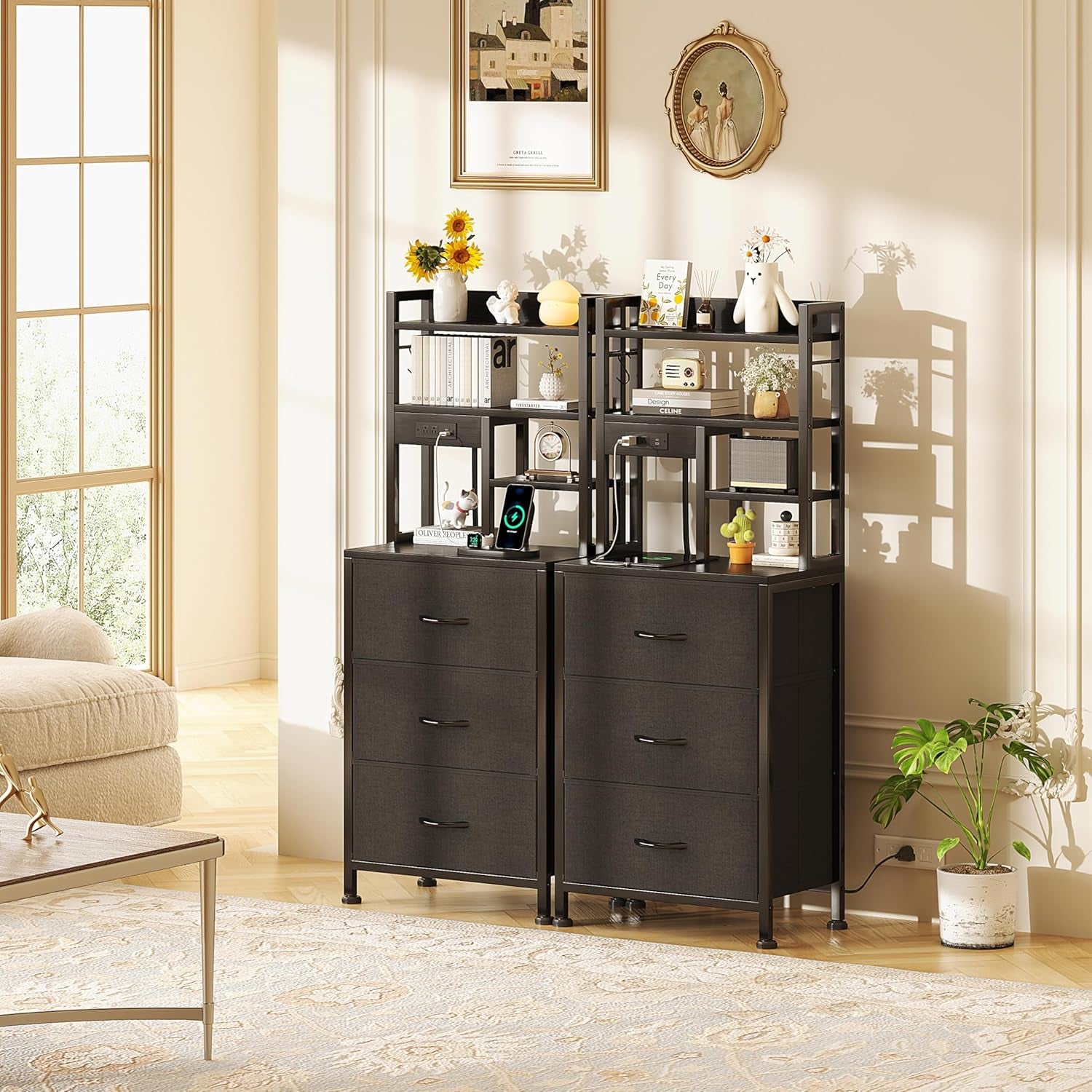 Luxury Tall Bedside Table with LED Lights, Drawers & USB Charging Station 