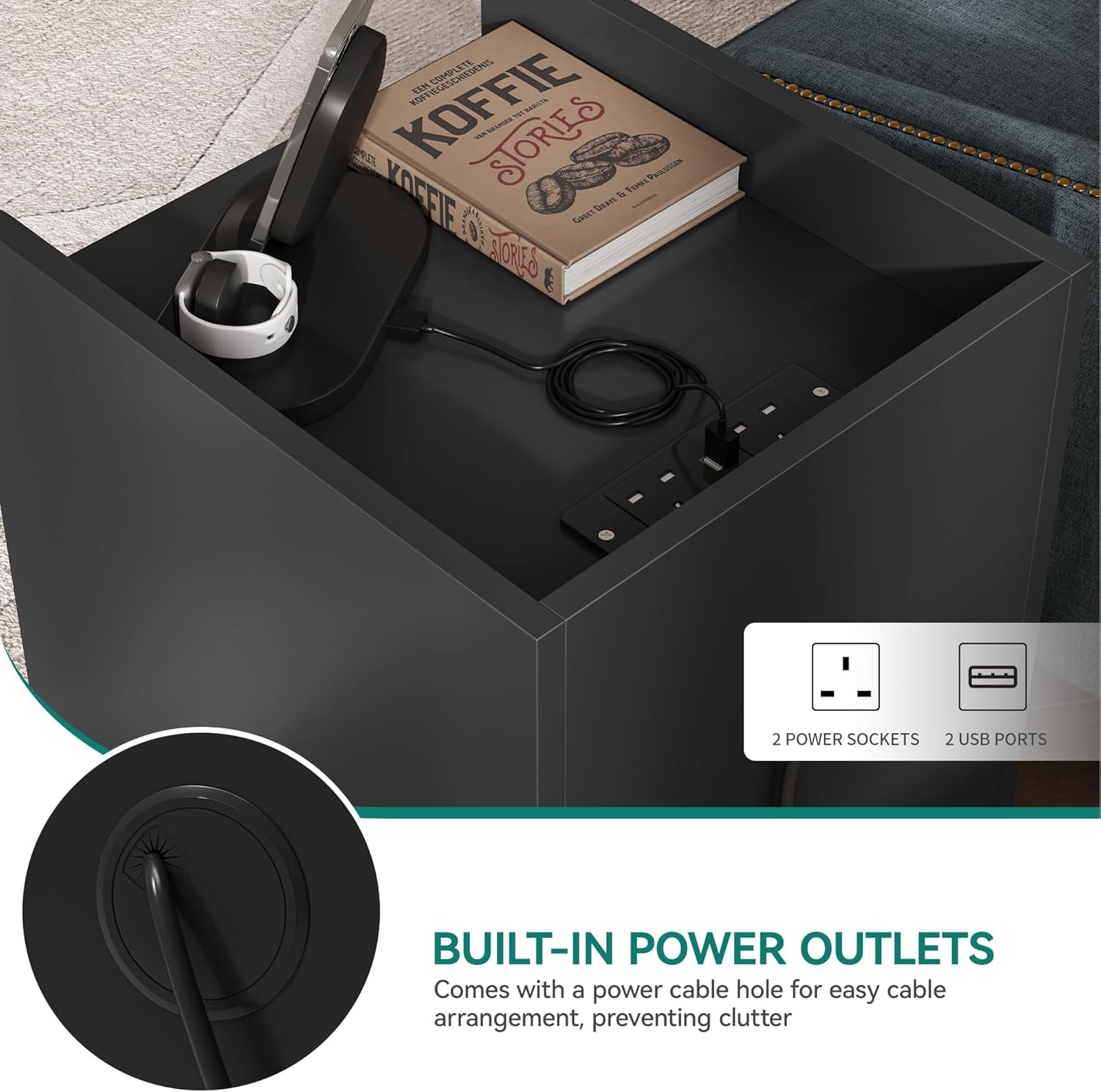 Modern Bedside Table with USB Charging Station & Drawer Storage