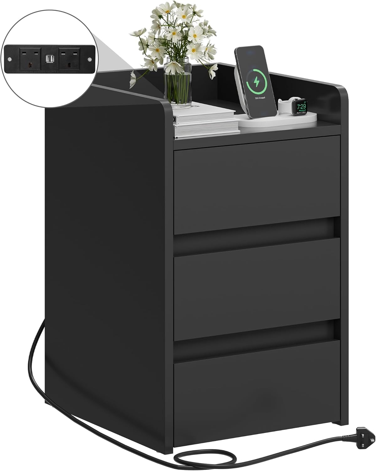 Modern Bedside Table with USB Charging Station & Drawer Storage