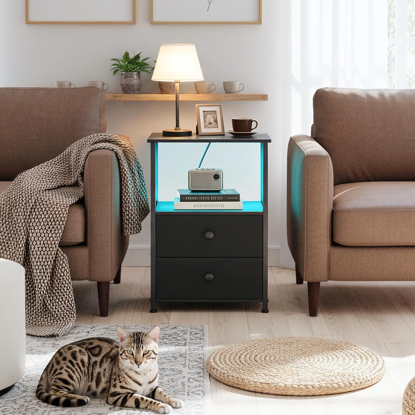 Modern Bedside Table with RGB LED Lights & USB Charging Station