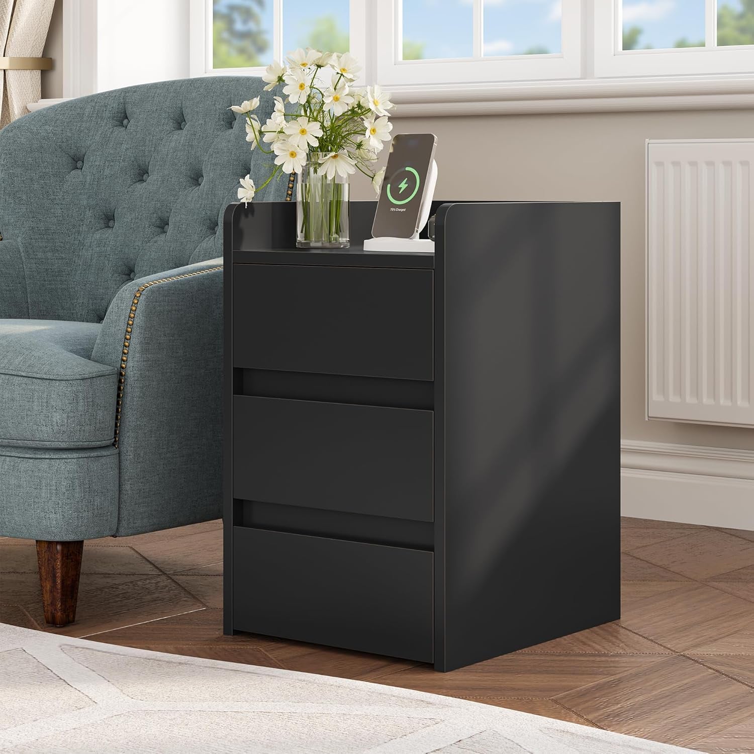 Modern Bedside Table with USB Charging Station & Drawer Storage