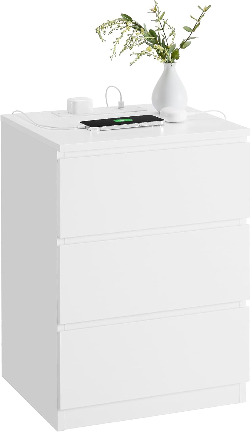 Modern Bedside Table with USB Charging Station & 3 Drawer Storage 