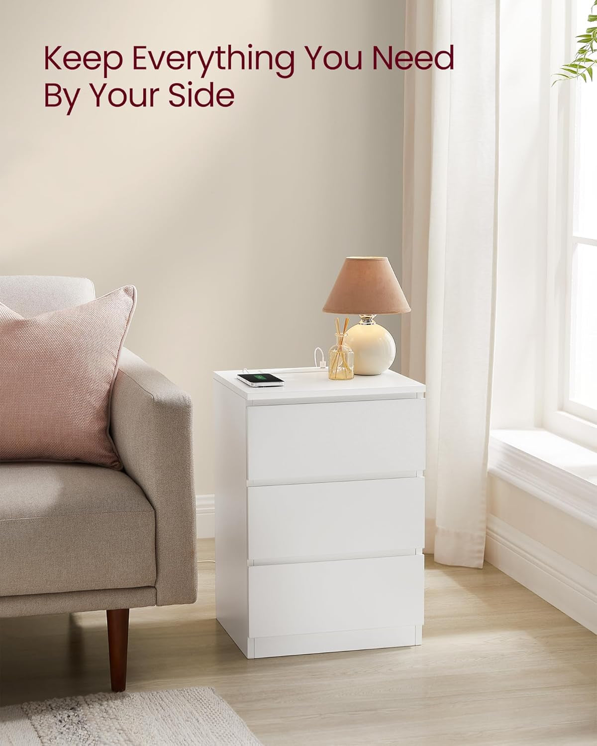 Modern Bedside Table with USB Charging Station & 3 Drawer Storage 