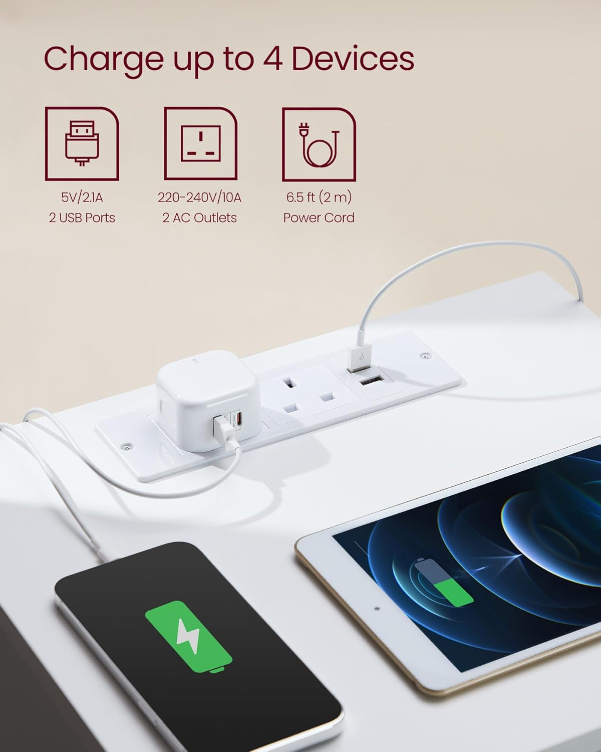 Modern Bedside Table with USB Charging Station & 3 Drawer Storage 