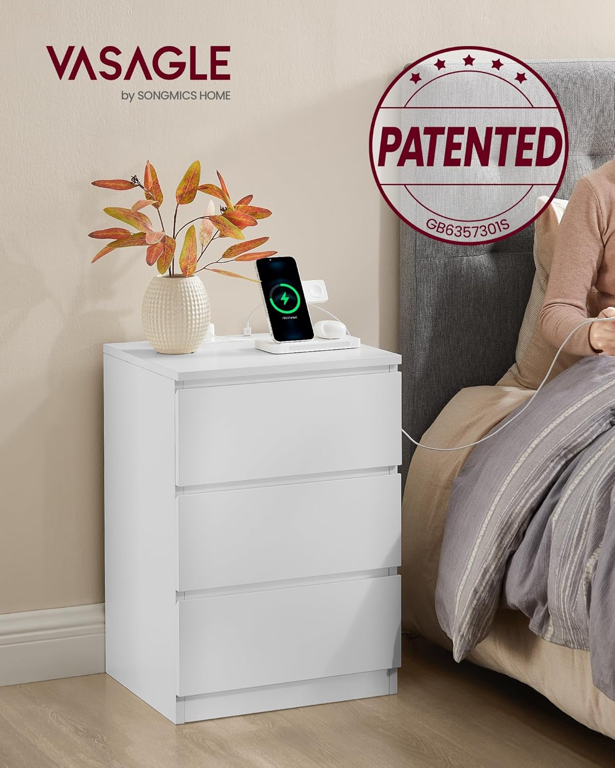 Modern Bedside Table with USB Charging Station & 3 Drawer Storage 