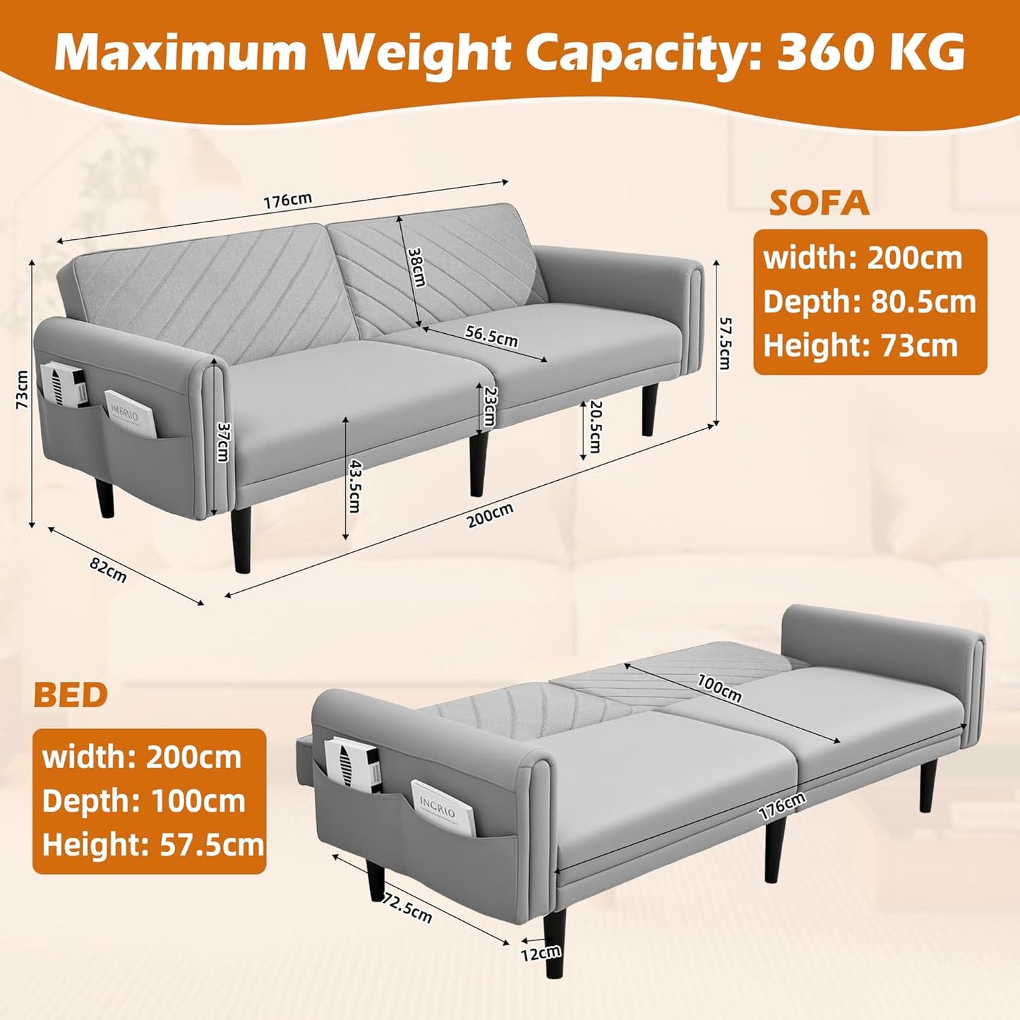 Luxury Modern 3 Seater Velvet Sofa Bed with Adjustable Back & Thick Cushions 