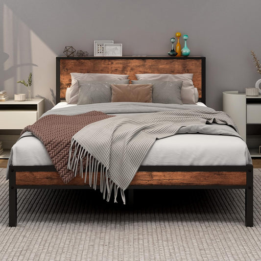 Metal & Wood Bed Frame with Storage Headboard – Strong, Quiet & Stylish 