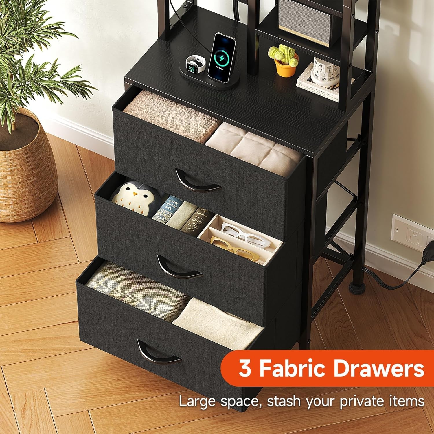 Luxury Tall Bedside Table with LED Lights, Drawers & USB Charging Station 