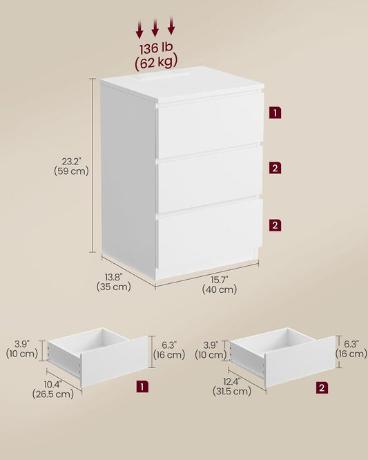 Modern Bedside Table with USB Charging Station & 3 Drawer Storage 