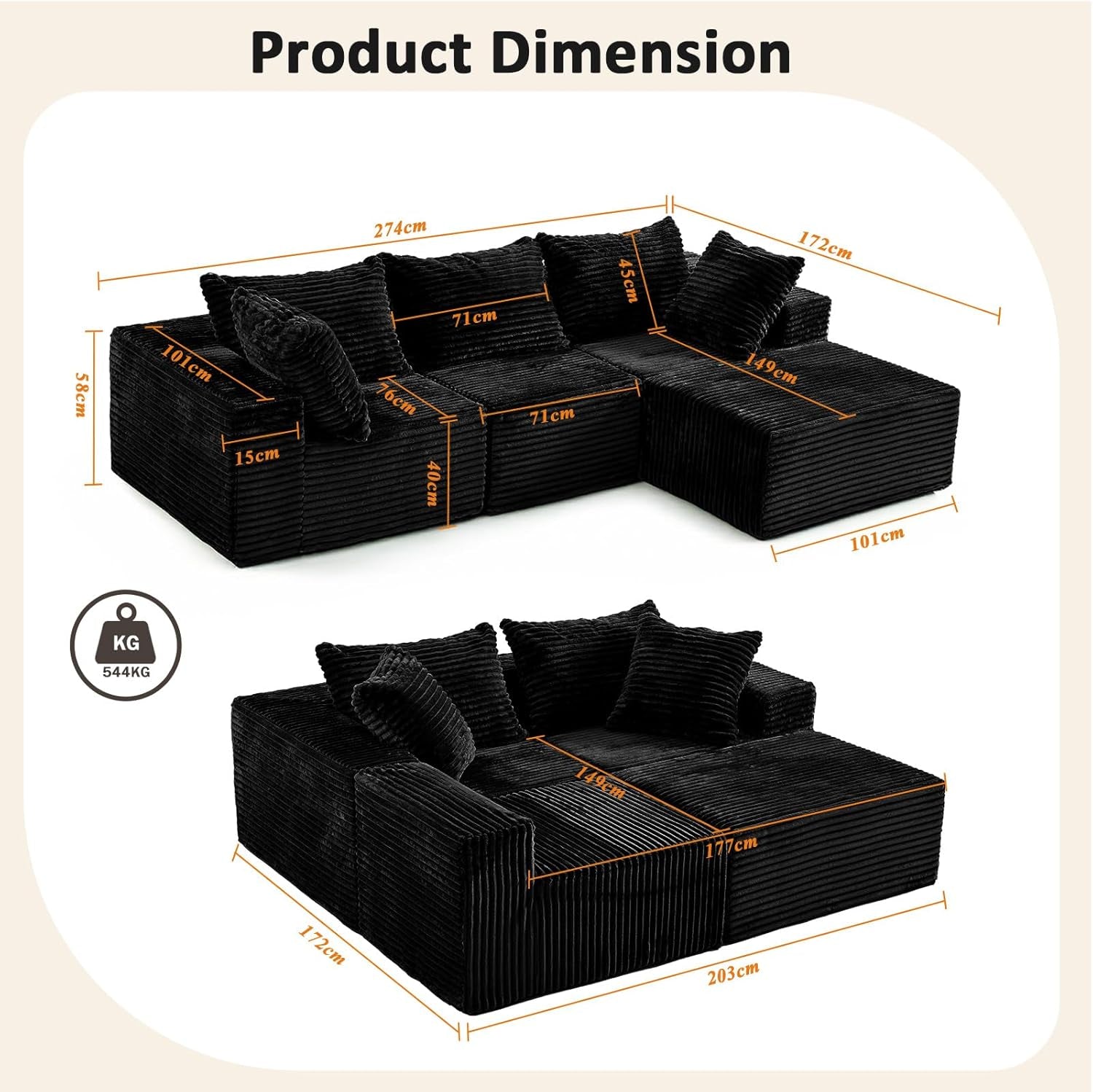 Luxury Large Modular Sectional Sofa – 4 Seater L-Shape No Assembly Couch