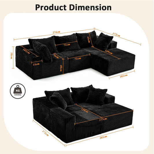 Luxury Large Modular Sectional Sofa – 4 Seater L-Shape No Assembly Couch