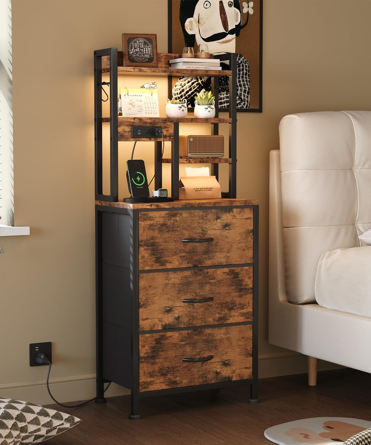 Luxury Tall Bedside Table with LED Lights, Drawers & USB Charging Station 