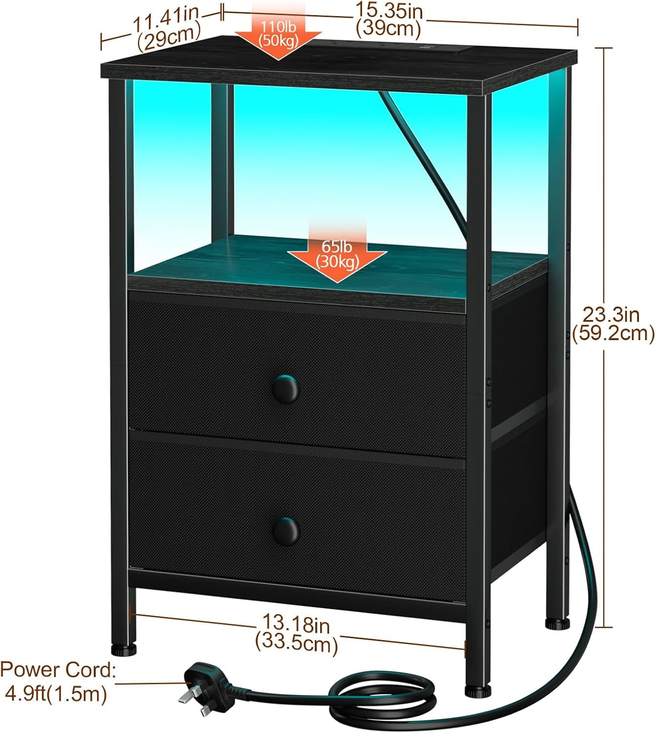 Modern Bedside Table with RGB LED Lights & USB Charging Station