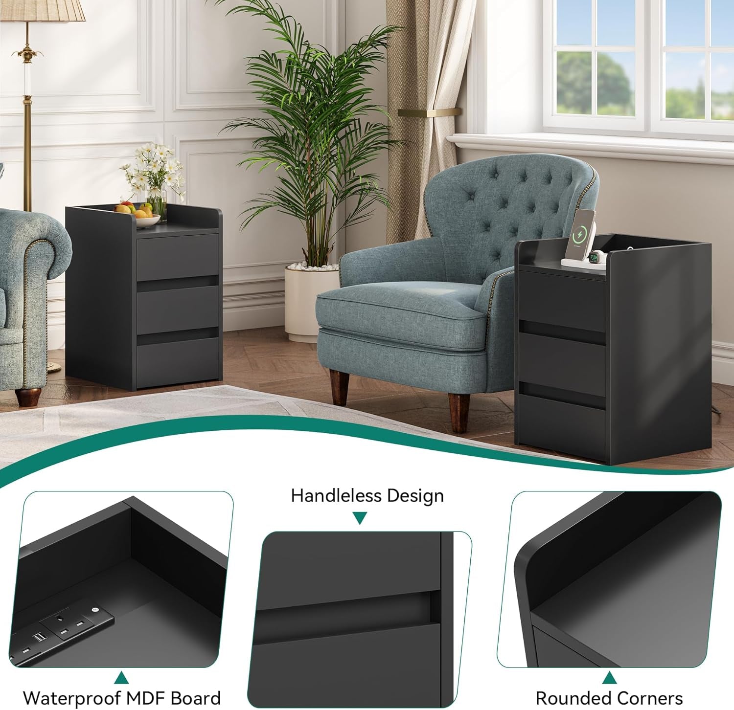 Modern Bedside Table with USB Charging Station & Drawer Storage