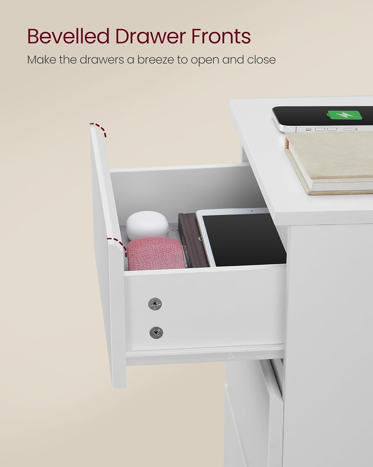 Modern Bedside Table with USB Charging Station & 3 Drawer Storage 