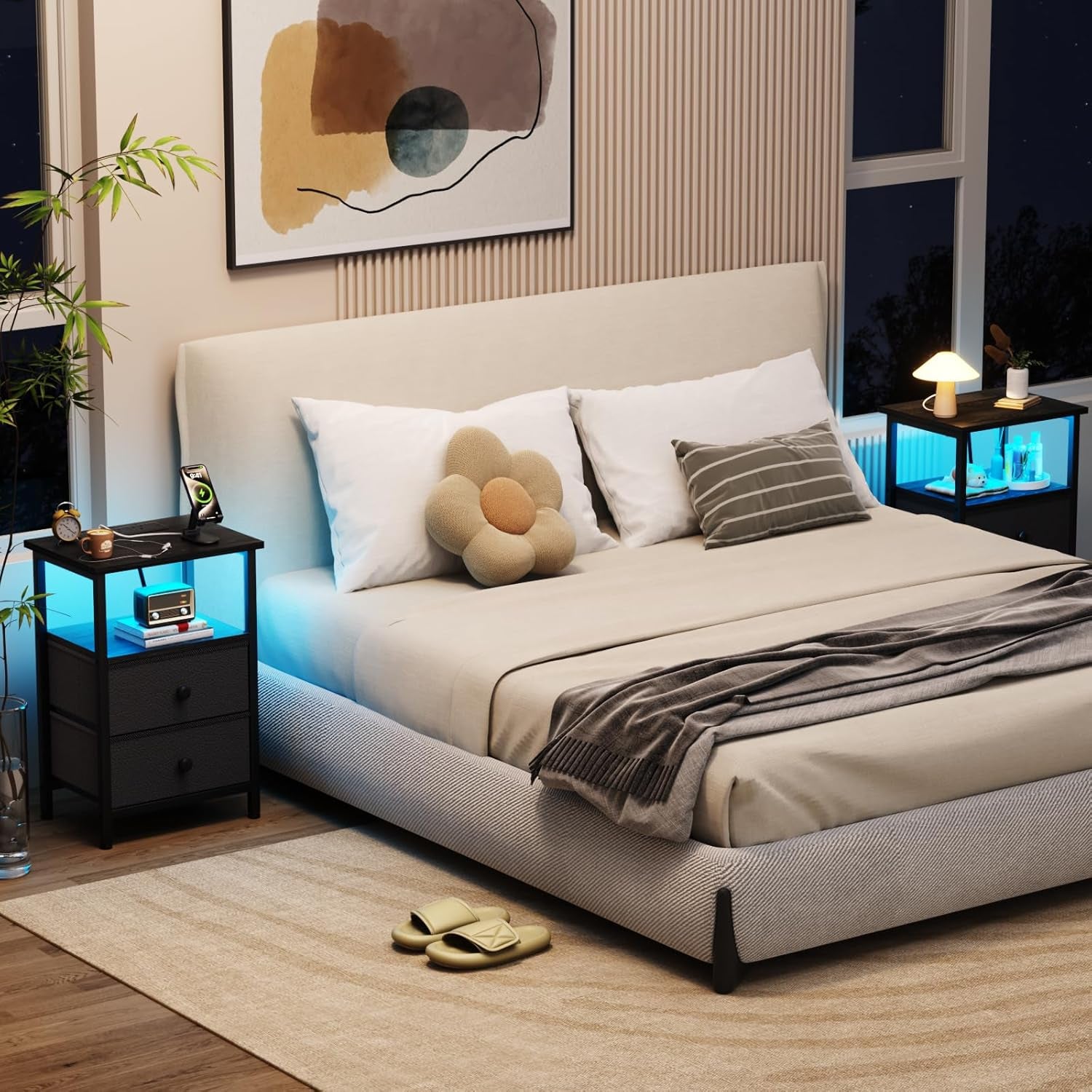 Modern Bedside Table with RGB LED Lights & USB Charging Station